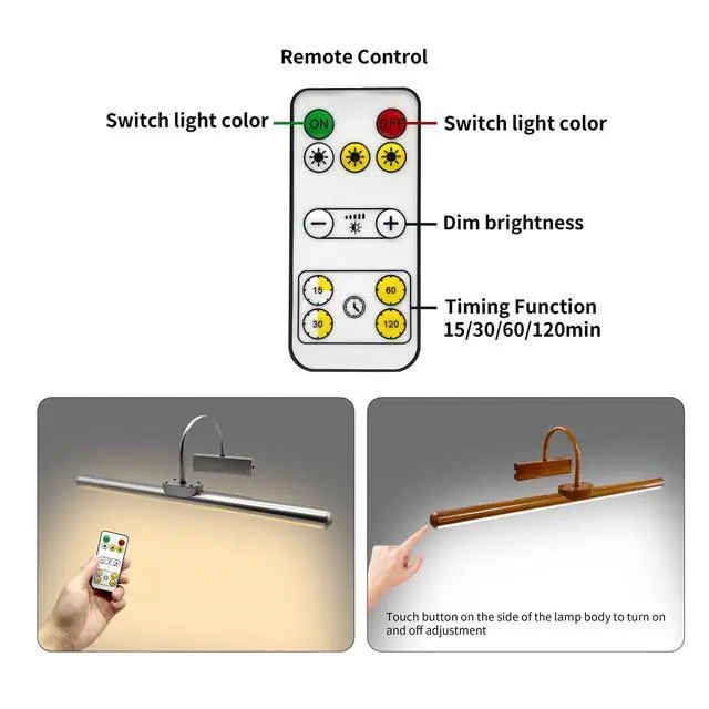 Alt view image 2 of 6 - 23" Wireless Picture Lights, Rechargeable Battery Art Display Light with Remote Control, Dimmable/Timer Off Dartboard Light, 3 Lighting Modes Full Metal Painting Display Lamp (Woodgrain-2Pack)
