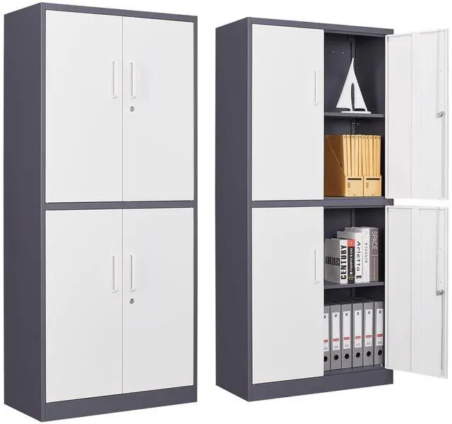 Main image of Metal Storage Cabinet with Lock, 71" Tall Steel File Locker with 2 Adjustable Shelves and 4 Doors, Tall Cabinet for Office, Garage, Home, Pantry (Grey White)