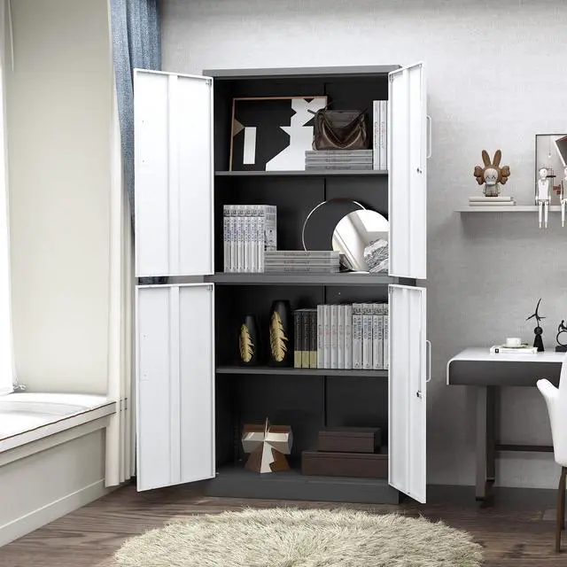 Alt view image 2 of 6 - Metal Storage Cabinet with Lock, 71" Tall Steel File Locker with 2 Adjustable Shelves and 4 Doors, Tall Cabinet for Office, Garage, Home, Pantry (Grey White)