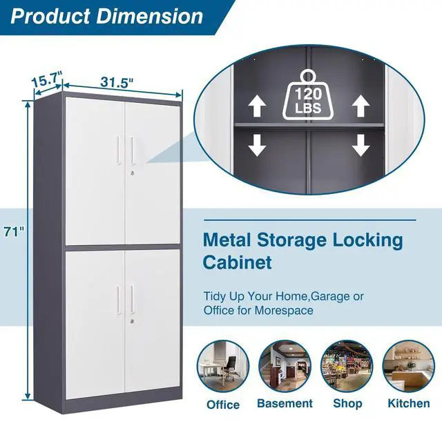 Alt view image 3 of 6 - Metal Storage Cabinet with Lock, 71" Tall Steel File Locker with 2 Adjustable Shelves and 4 Doors, Tall Cabinet for Office, Garage, Home, Pantry (Grey White)