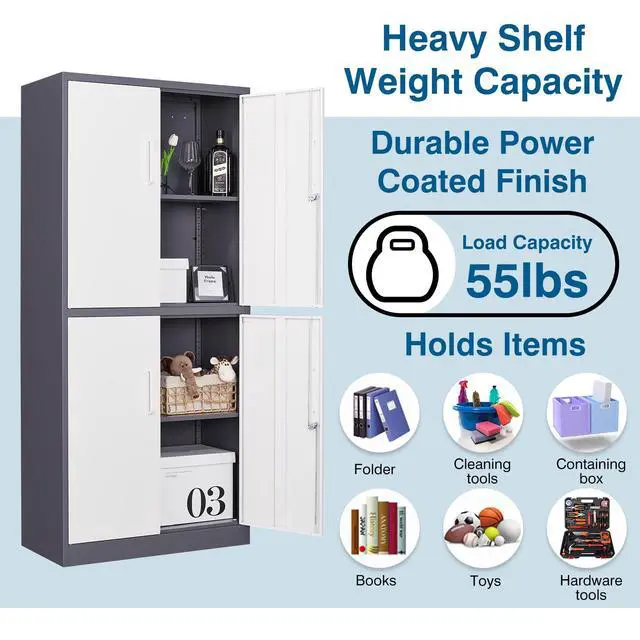 Alt view image 4 of 6 - Metal Storage Cabinet with Lock, 71" Tall Steel File Locker with 2 Adjustable Shelves and 4 Doors, Tall Cabinet for Office, Garage, Home, Pantry (Grey White)