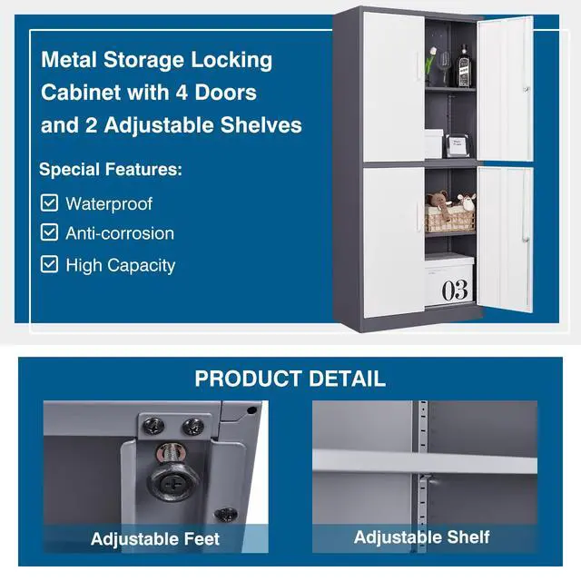 Alt view image 5 of 6 - Metal Storage Cabinet with Lock, 71" Tall Steel File Locker with 2 Adjustable Shelves and 4 Doors, Tall Cabinet for Office, Garage, Home, Pantry (Grey White)