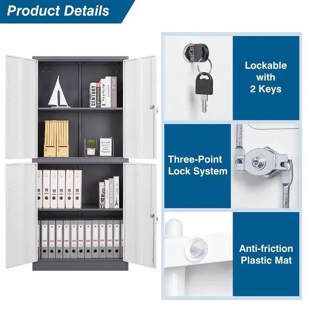 Alt view image 6 of 6 - Metal Storage Cabinet with Lock, 71" Tall Steel File Locker with 2 Adjustable Shelves and 4 Doors, Tall Cabinet for Office, Garage, Home, Pantry (Grey White)