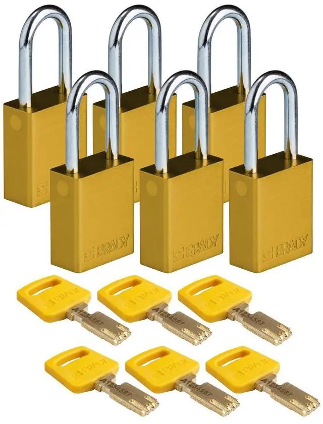 Main image of SafeKey Lockout Padlock Aluminum YLW 1.5" Steel Shkl Keyed Different 6 Pk