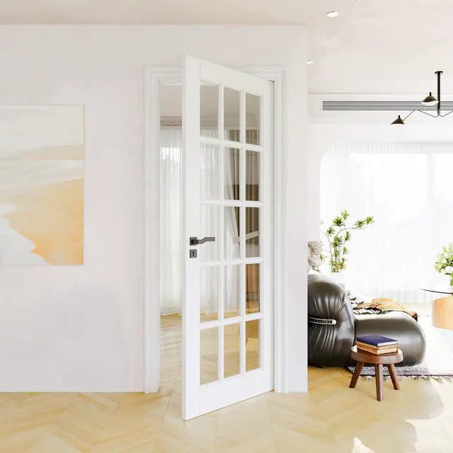 Main image of 30" x 80" Clear Glass Slab Door, 15-Lite Glass French Interior Door, Pre-Finished Paintable Single Panel for Living Room Pantry Laundry Closet as Prehung, Pocket, Bifold Barn Doors-Shaker w/o Hardware