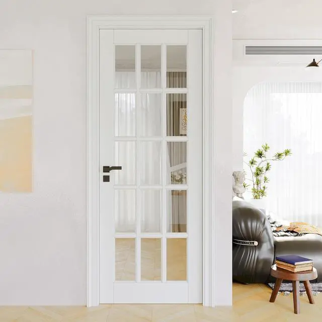 Alt view image 3 of 6 - 30" x 80" Clear Glass Slab Door, 15-Lite Glass French Interior Door, Pre-Finished Paintable Single Panel for Living Room Pantry Laundry Closet as Prehung, Pocket, Bifold Barn Doors-Shaker w/o Hardware