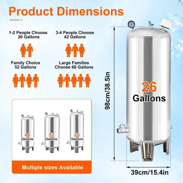 Alt view image 2 of 6 - 100L/26.4Gal Fully Automatic Well Pressure Tank,Stainless Steel Water System Pressure Tank,Stainless Steel Water Pressures Tanks W/Mounting Kit for Well Pump/Waters System,Agricultural,Residential