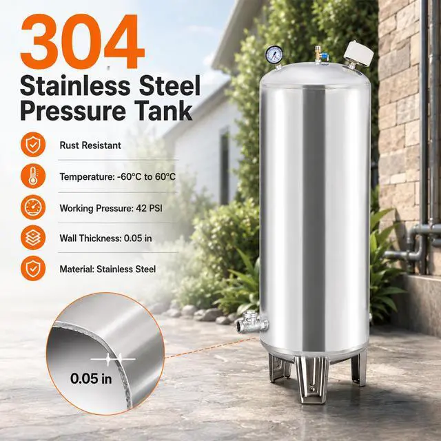 Alt view image 3 of 6 - 100L/26.4Gal Fully Automatic Well Pressure Tank,Stainless Steel Water System Pressure Tank,Stainless Steel Water Pressures Tanks W/Mounting Kit for Well Pump/Waters System,Agricultural,Residential