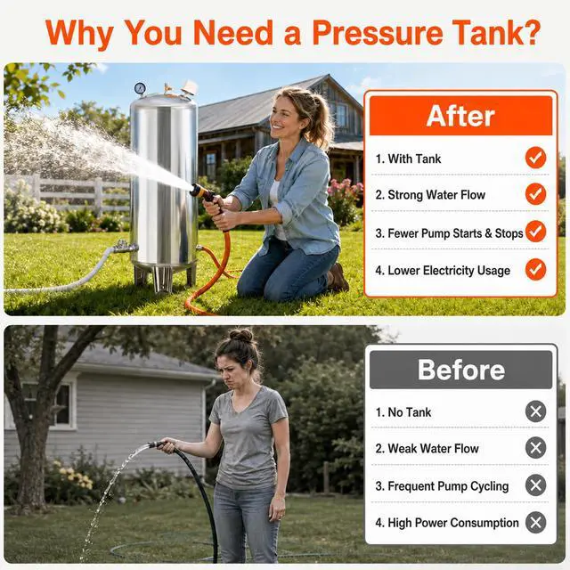 Alt view image 4 of 6 - 100L/26.4Gal Fully Automatic Well Pressure Tank,Stainless Steel Water System Pressure Tank,Stainless Steel Water Pressures Tanks W/Mounting Kit for Well Pump/Waters System,Agricultural,Residential