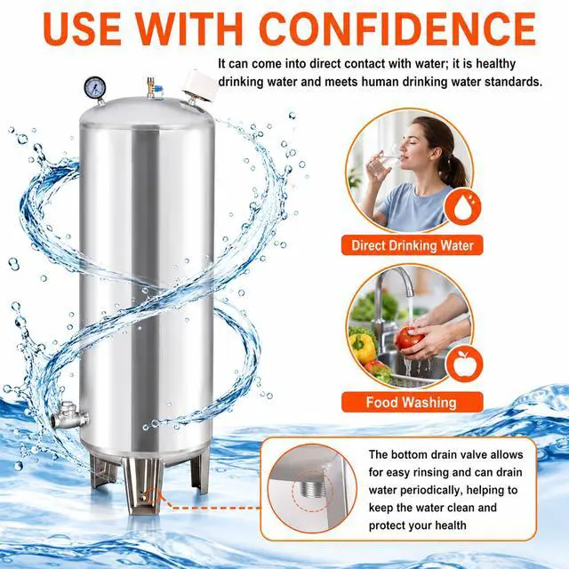 Alt view image 6 of 6 - 100L/26.4Gal Fully Automatic Well Pressure Tank,Stainless Steel Water System Pressure Tank,Stainless Steel Water Pressures Tanks W/Mounting Kit for Well Pump/Waters System,Agricultural,Residential