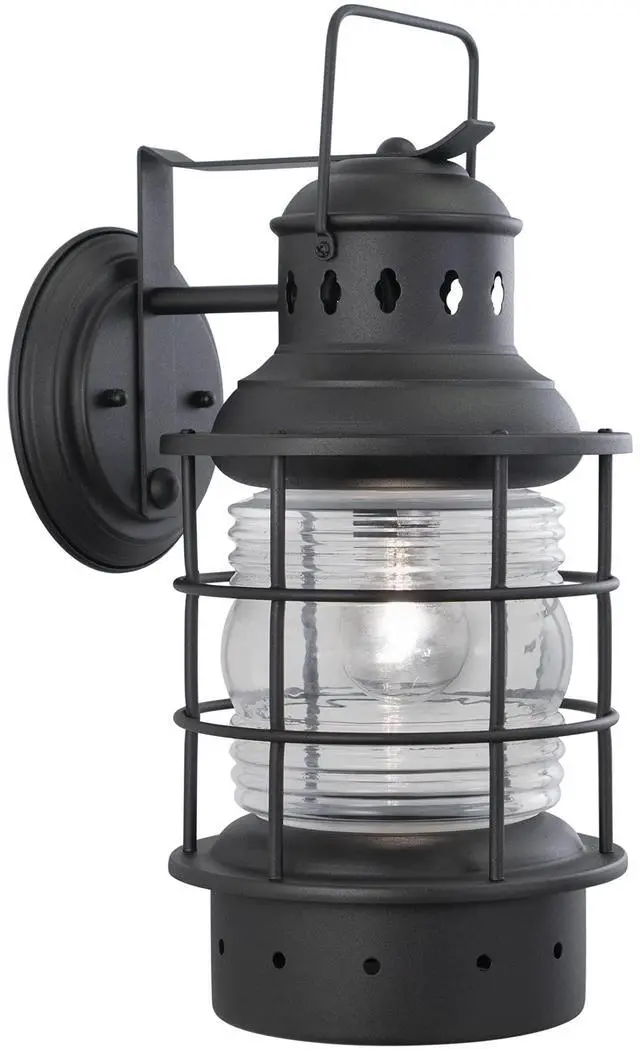 Main image of Hyannis 18 in. H 1-Light Textured Black Coastal Outdoor Wall Sconce Made of Durable Steel, Clear Ribbed Glass Shade, LED Compatible, Use for Exterior Porch Patio Front Door or Garage