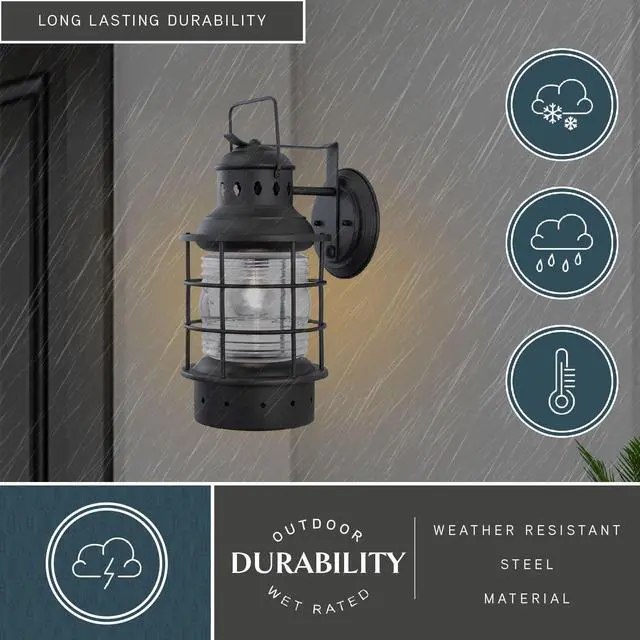 Alt view image 2 of 6 - Hyannis 18 in. H 1-Light Textured Black Coastal Outdoor Wall Sconce Made of Durable Steel, Clear Ribbed Glass Shade, LED Compatible, Use for Exterior Porch Patio Front Door or Garage