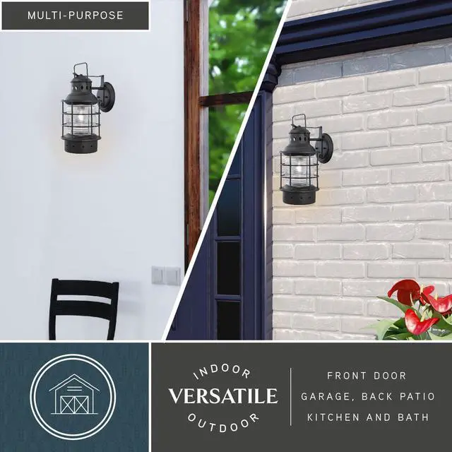 Alt view image 3 of 6 - Hyannis 18 in. H 1-Light Textured Black Coastal Outdoor Wall Sconce Made of Durable Steel, Clear Ribbed Glass Shade, LED Compatible, Use for Exterior Porch Patio Front Door or Garage