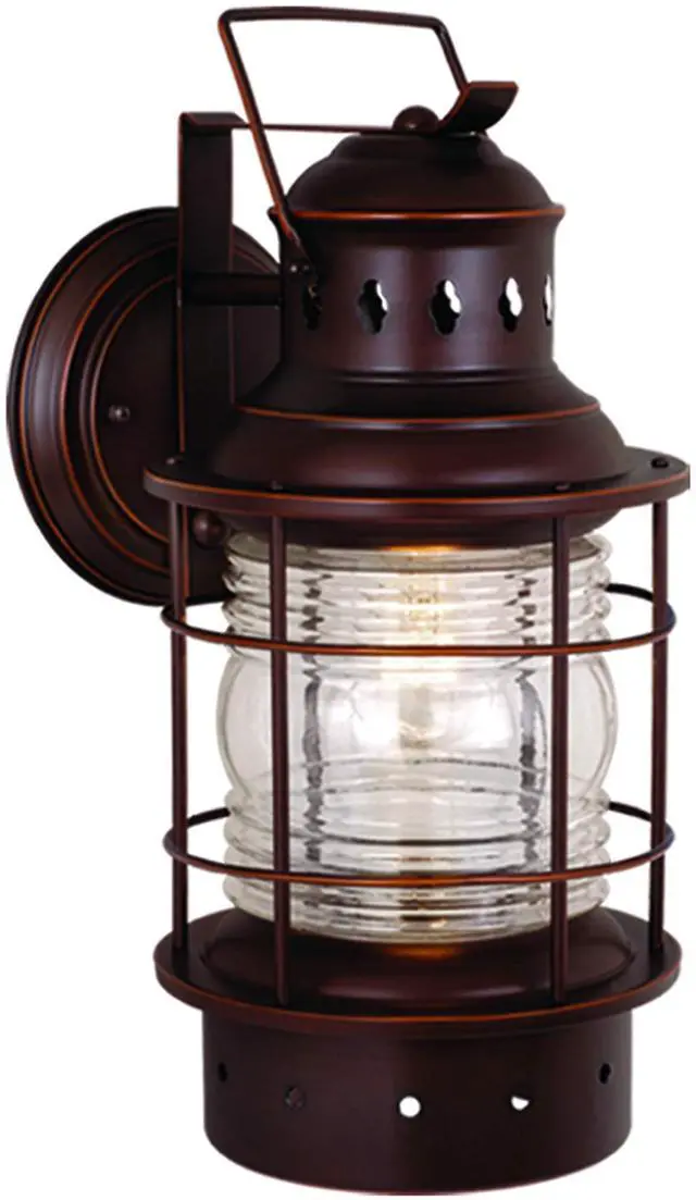 Main image of Hyannis 18 in. H 1-Light Burnished Bronze Coastal Outdoor Wall Sconce Made of Durable Steel, Clear Ribbed Glass Shade, LED Compatible, Use for Exterior Porch Patio Front Door or Garage
