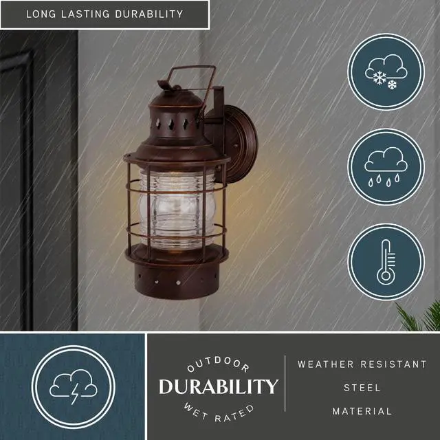 Alt view image 3 of 4 - Hyannis 18 in. H 1-Light Burnished Bronze Coastal Outdoor Wall Sconce Made of Durable Steel, Clear Ribbed Glass Shade, LED Compatible, Use for Exterior Porch Patio Front Door or Garage