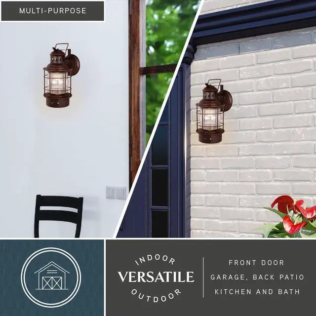 Alt view image 4 of 4 - Hyannis 18 in. H 1-Light Burnished Bronze Coastal Outdoor Wall Sconce Made of Durable Steel, Clear Ribbed Glass Shade, LED Compatible, Use for Exterior Porch Patio Front Door or Garage