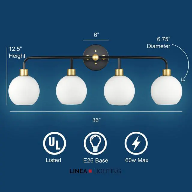 Alt view image 2 of 3 - Lukasa Modern Bathroom Vanity Lights Fixtures 4-Lights Over Mirror Lighting Matte Black and Gold Vanity Lights for Bathroom Light Fixtures Frosted Glass Covers, UL Listed