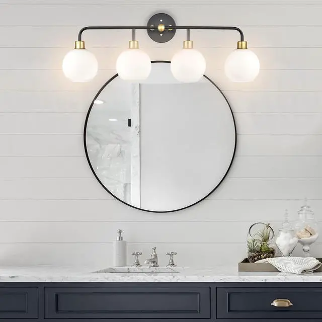 Alt view image 3 of 3 - Lukasa Modern Bathroom Vanity Lights Fixtures 4-Lights Over Mirror Lighting Matte Black and Gold Vanity Lights for Bathroom Light Fixtures Frosted Glass Covers, UL Listed