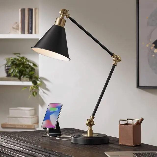 Main image of Wray 26 3/4" High Modern Adjustable Desk Lamp with USB Charging Ports A+C Painted Black Brass Metal Cone Shade for Living Room Bedroom House Bedside Nightstand Home Office Reading