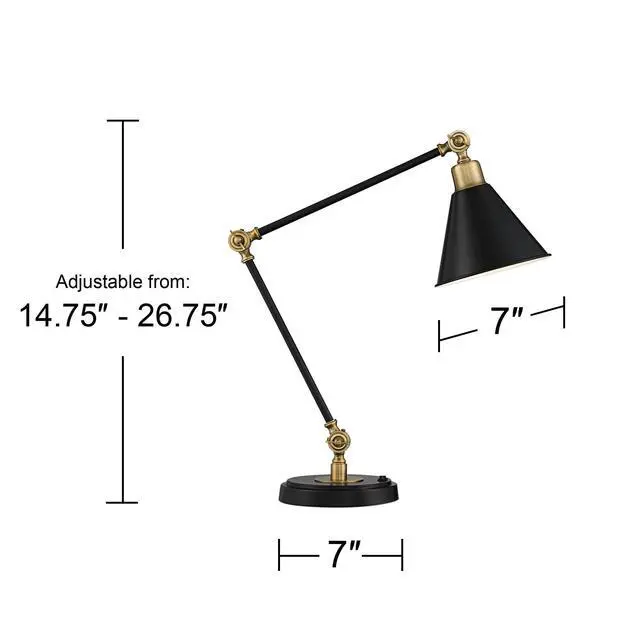 Alt view image 4 of 6 - Wray 26 3/4" High Modern Adjustable Desk Lamp with USB Charging Ports A+C Painted Black Brass Metal Cone Shade for Living Room Bedroom House Bedside Nightstand Home Office Reading