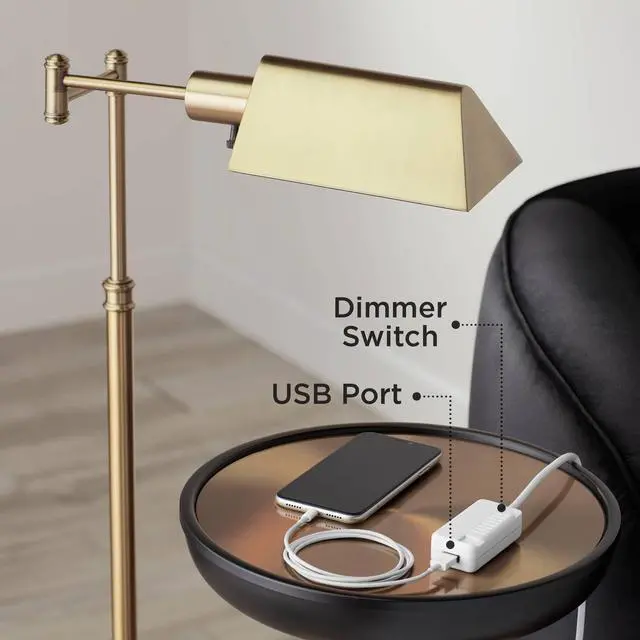 Alt view image 6 of 6 - Kayne Industrial Rustic Downbridge Floor Lamp with USB Charging Port 61" Tall Satin Bronze Dome Metal Shade Adjustable Head for Living Room Reading House Bedroom Home Office