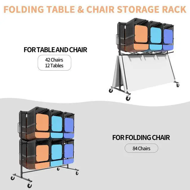 Alt view image 2 of 6 - Folding Chair Rack, Folding Chair Cart for 84 Chairs, Heavy Duty Utility Cart for Chair Storage and Moving, 530 Lbs Capacity, PVC Locking Wheels, Waterproof Cover, Black