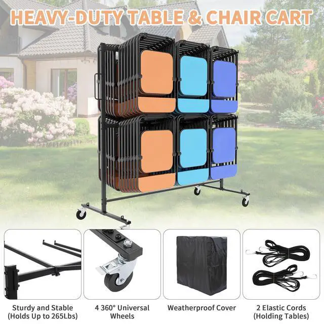Alt view image 3 of 6 - Folding Chair Rack, Folding Chair Cart for 84 Chairs, Heavy Duty Utility Cart for Chair Storage and Moving, 530 Lbs Capacity, PVC Locking Wheels, Waterproof Cover, Black