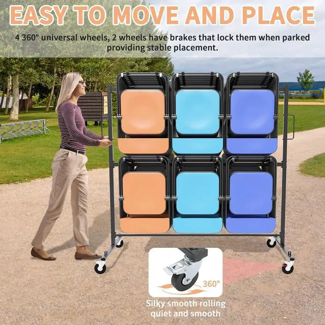 Alt view image 4 of 6 - Folding Chair Rack, Folding Chair Cart for 84 Chairs, Heavy Duty Utility Cart for Chair Storage and Moving, 530 Lbs Capacity, PVC Locking Wheels, Waterproof Cover, Black