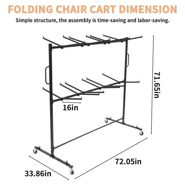 Alt view image 5 of 6 - Folding Chair Rack, Folding Chair Cart for 84 Chairs, Heavy Duty Utility Cart for Chair Storage and Moving, 530 Lbs Capacity, PVC Locking Wheels, Waterproof Cover, Black