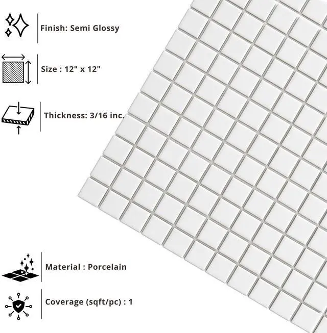 Alt view image 6 of 6 - 1x1 Square White Porcelain Mosaic Tile for Bathroom Walls, Shower, Pool, Entryway, Floor and Backsplash, Easy Installation (5 Sheets)
