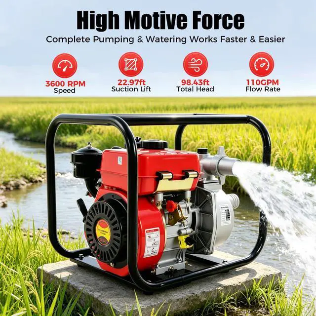 Alt view image 3 of 6 - 4 Stroke Diesel Engine Water Pump, 3HP 2-inch Diesel Powered Trash Water Transfer Pump, 3600 RPM Horizontal Air Cooling Single-cylinder High Pressure Irrigation Water Pump for Irrigation Pool