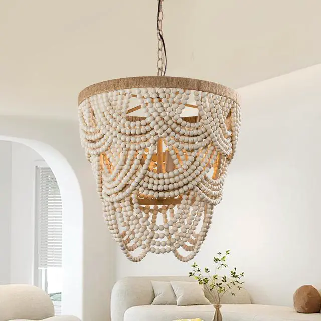 Main image of Rustic Chandeliers Farmhouse Wooden Beaded Chandelier Lights, 4-Light Pendant Light Fixture for Dining Room Living Room, 39.4" Adjustable Chain, E12 Socket, 40W Max Each (Bulbs Not Included)