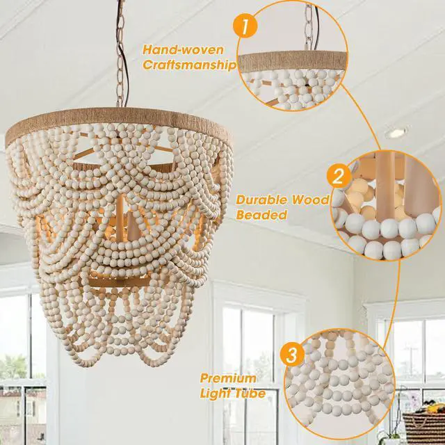 Alt view image 2 of 6 - Rustic Chandeliers Farmhouse Wooden Beaded Chandelier Lights, 4-Light Pendant Light Fixture for Dining Room Living Room, 39.4" Adjustable Chain, E12 Socket, 40W Max Each (Bulbs Not Included)