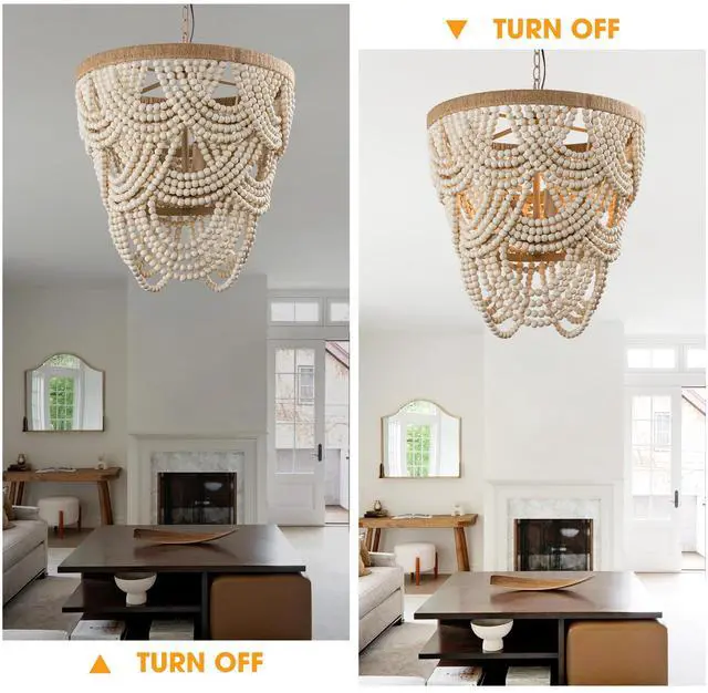 Alt view image 3 of 6 - Rustic Chandeliers Farmhouse Wooden Beaded Chandelier Lights, 4-Light Pendant Light Fixture for Dining Room Living Room, 39.4" Adjustable Chain, E12 Socket, 40W Max Each (Bulbs Not Included)