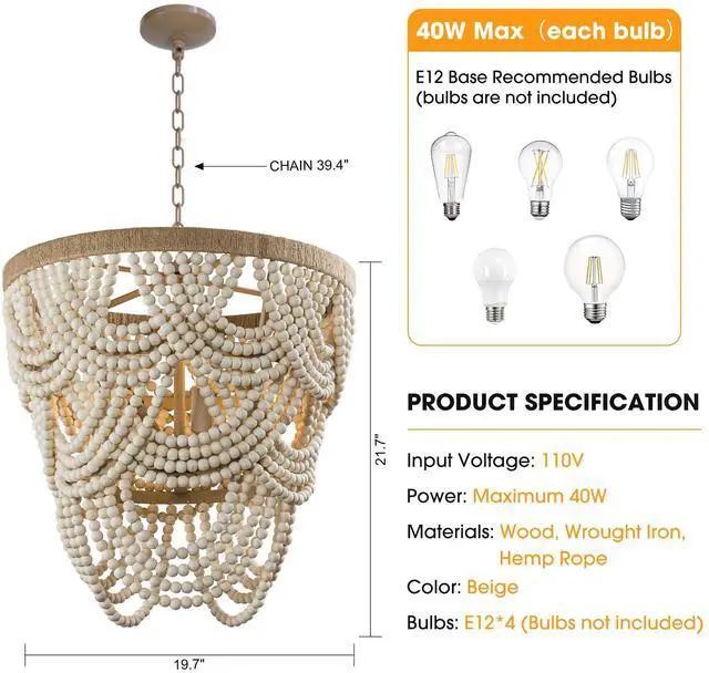 Alt view image 4 of 6 - Rustic Chandeliers Farmhouse Wooden Beaded Chandelier Lights, 4-Light Pendant Light Fixture for Dining Room Living Room, 39.4" Adjustable Chain, E12 Socket, 40W Max Each (Bulbs Not Included)