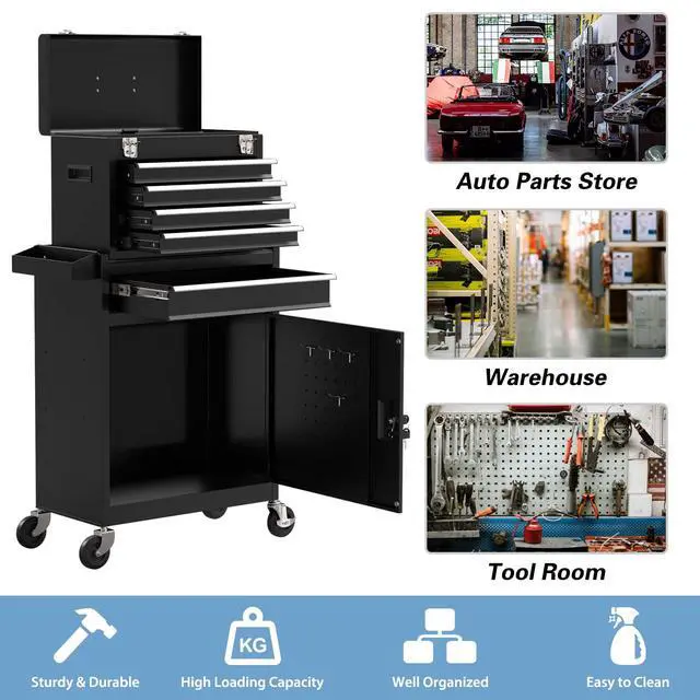 Alt view image 6 of 6 - 5-Drawer High Capacity Rolling Tool Chest, Removable Toolbox on Wheels Organizers, Lockable Tool Box Tool Storage Cabine with Drawers and Wheels for Workshop and Warehouse