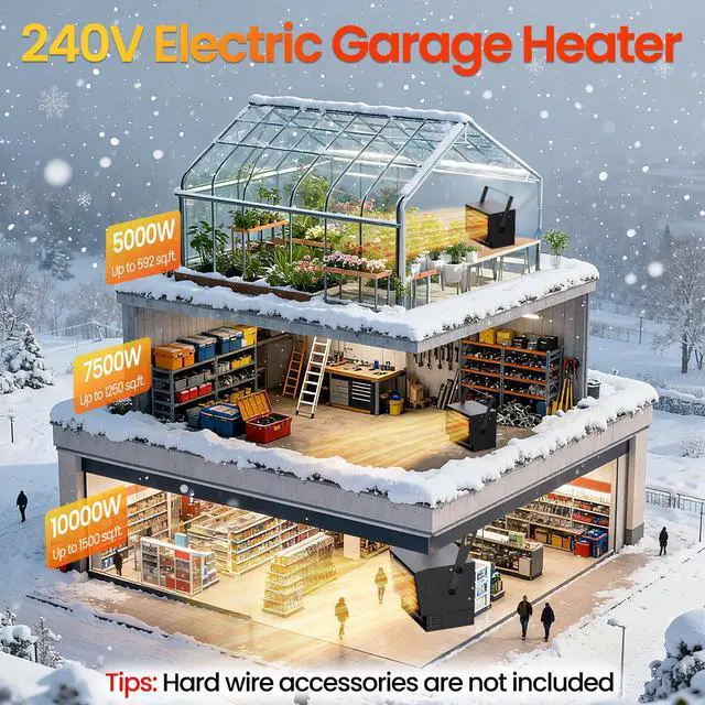 Alt view image 2 of 6 - 7500W Electric Garage Heater with Remote, 240V Hardwired Ceiling Mount Shop Heater, Garage Space Heaters with ECO Mode, 12H Timer, Thermostat, Overheat Protection, for Garage Workshops Warehouses