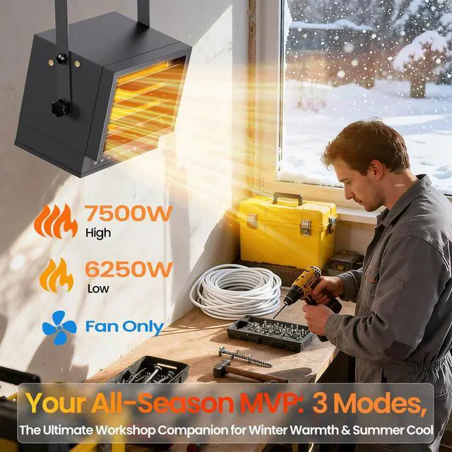 Alt view image 3 of 6 - 7500W Electric Garage Heater with Remote, 240V Hardwired Ceiling Mount Shop Heater, Garage Space Heaters with ECO Mode, 12H Timer, Thermostat, Overheat Protection, for Garage Workshops Warehouses