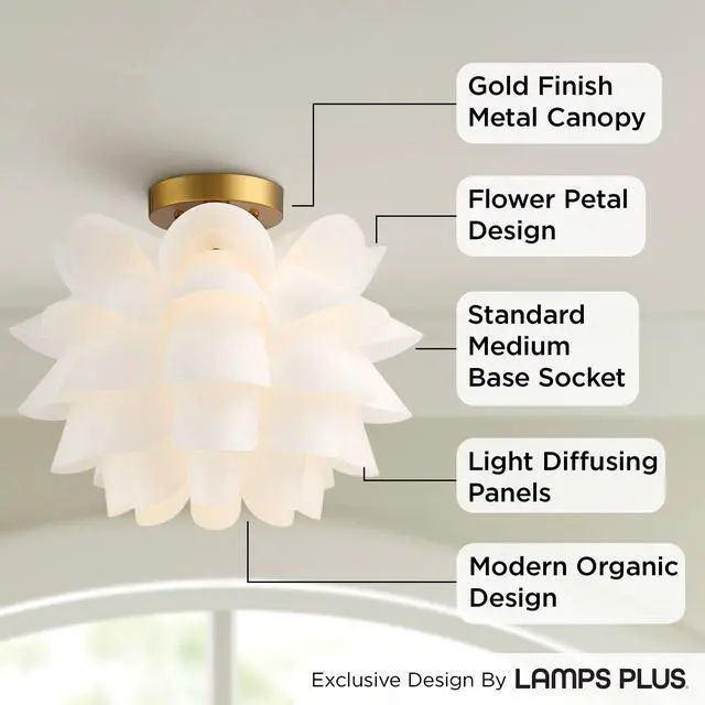 Alt view image 3 of 6 - Mid Century Modern Glam Close to Ceiling Light Semi Flush Mount Fixture White Flower Gold Metal 15 3/4" Wide for House Bedroom Hallway Living Room Bathroom Dining Kitchen