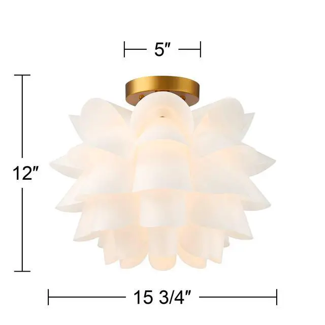 Alt view image 4 of 6 - Mid Century Modern Glam Close to Ceiling Light Semi Flush Mount Fixture White Flower Gold Metal 15 3/4" Wide for House Bedroom Hallway Living Room Bathroom Dining Kitchen