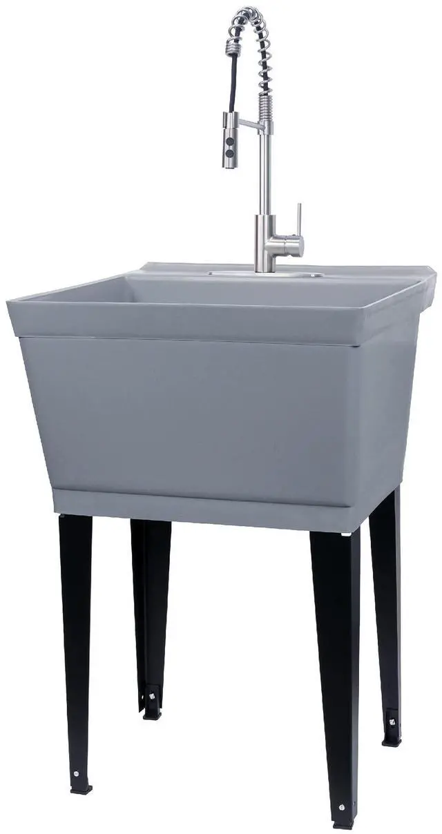 Main image of Utility Sink Extra-Deep Laundry Tub in Grey with High-Arc Stainless Steel Coil Pull-Down Sprayer Faucet, Integrated Supply Lines, P-Trap Kit, Heavy Duty Floor Mounted Freestanding Wash Station