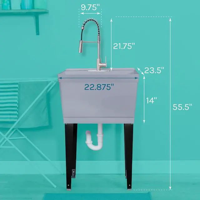 Alt view image 2 of 6 - Utility Sink Extra-Deep Laundry Tub in Grey with High-Arc Stainless Steel Coil Pull-Down Sprayer Faucet, Integrated Supply Lines, P-Trap Kit, Heavy Duty Floor Mounted Freestanding Wash Station