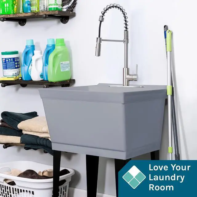 Alt view image 3 of 6 - Utility Sink Extra-Deep Laundry Tub in Grey with High-Arc Stainless Steel Coil Pull-Down Sprayer Faucet, Integrated Supply Lines, P-Trap Kit, Heavy Duty Floor Mounted Freestanding Wash Station