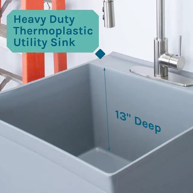 Alt view image 6 of 6 - Utility Sink Extra-Deep Laundry Tub in Grey with High-Arc Stainless Steel Coil Pull-Down Sprayer Faucet, Integrated Supply Lines, P-Trap Kit, Heavy Duty Floor Mounted Freestanding Wash Station