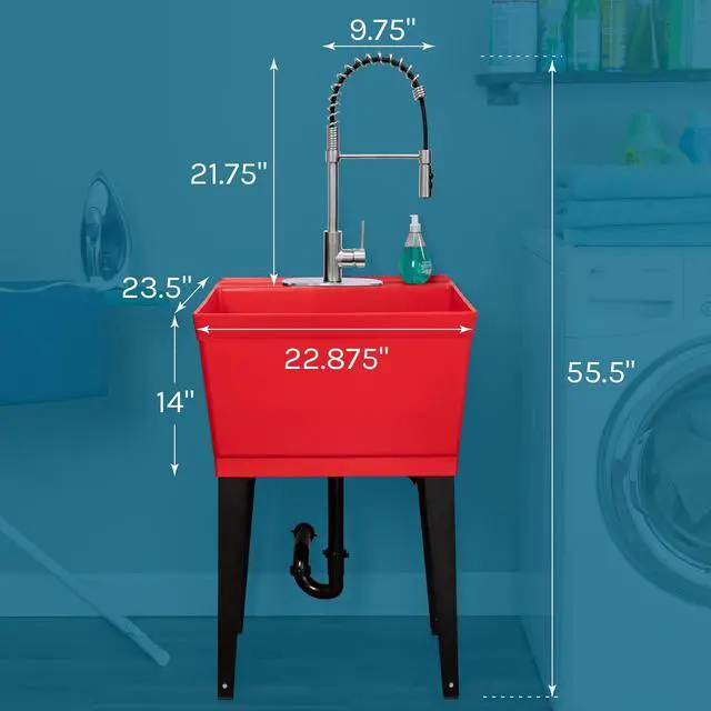 Alt view image 2 of 6 - Utility Sink Extra-Deep Red Laundry Tub with High-Arc Stainless Steel Coil Pull-Down Sprayer Faucet, Integrated Supply Lines, P-Trap Kit