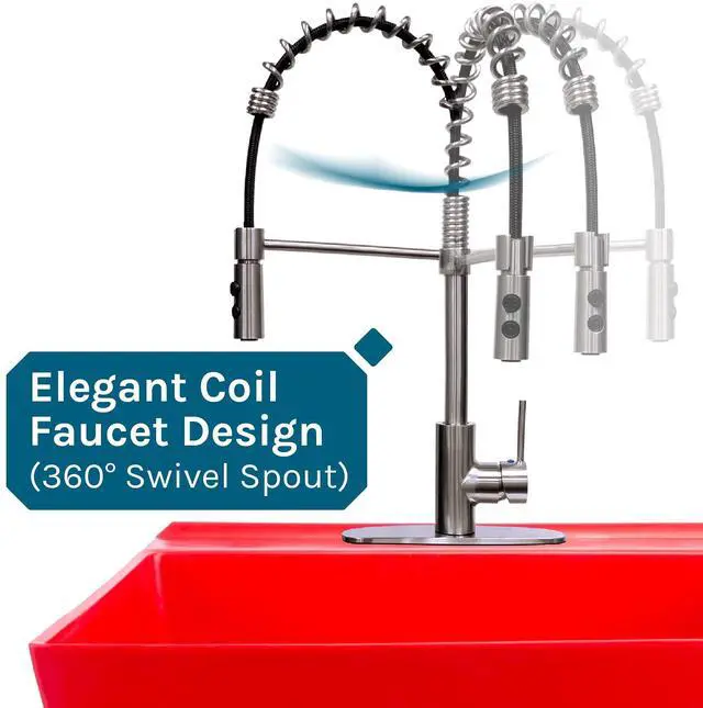 Alt view image 6 of 6 - Utility Sink Extra-Deep Red Laundry Tub with High-Arc Stainless Steel Coil Pull-Down Sprayer Faucet, Integrated Supply Lines, P-Trap Kit