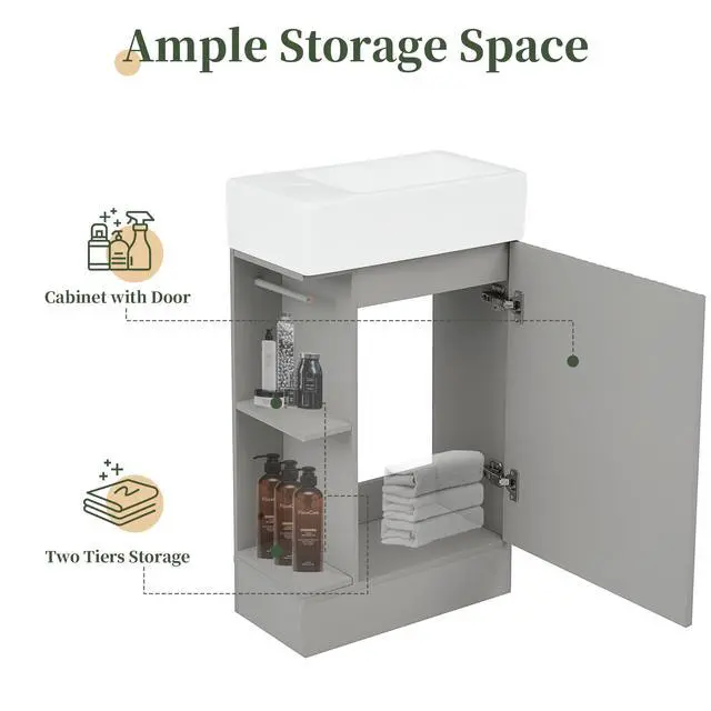 Alt view image 4 of 6 - 18.6 Inch Small Bathroom Vanity with Ceramic Sink, Narrow Vanity with Toilet Paper Holder & Soft-Close Door, Left or Right Storage, Freestanding Bathroom Cabinet with Single Sink, Gray
