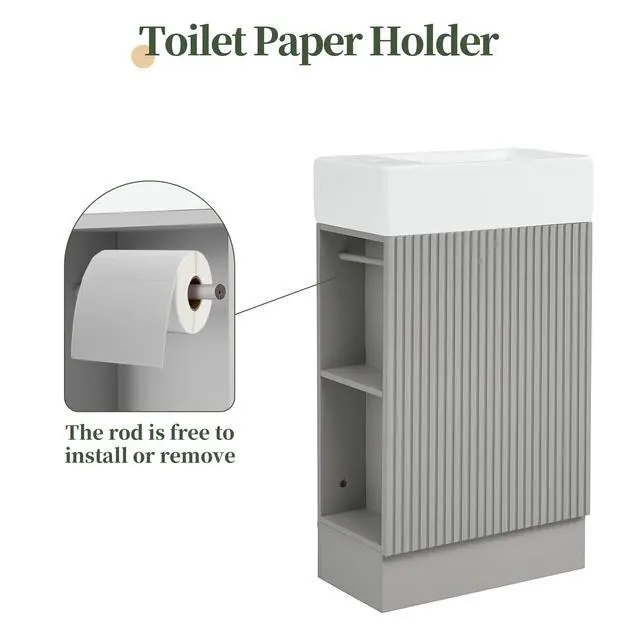 Alt view image 5 of 6 - 18.6 Inch Small Bathroom Vanity with Ceramic Sink, Narrow Vanity with Toilet Paper Holder & Soft-Close Door, Left or Right Storage, Freestanding Bathroom Cabinet with Single Sink, Gray