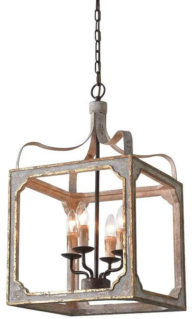 Main image of French Country Chandelier 4-Light Lantern Pendant Lighting Square Wood Metal Chandeliers Hanging Light Ceiling Light Fixtures in Antique Gray & Antique Gold