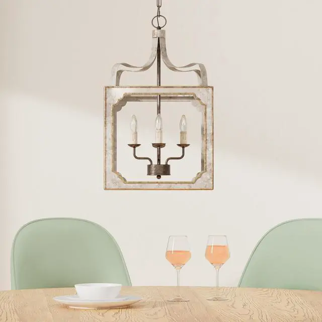 Alt view image 2 of 6 - French Country Chandelier 4-Light Lantern Pendant Lighting Square Wood Metal Chandeliers Hanging Light Ceiling Light Fixtures in Antique Gray & Antique Gold